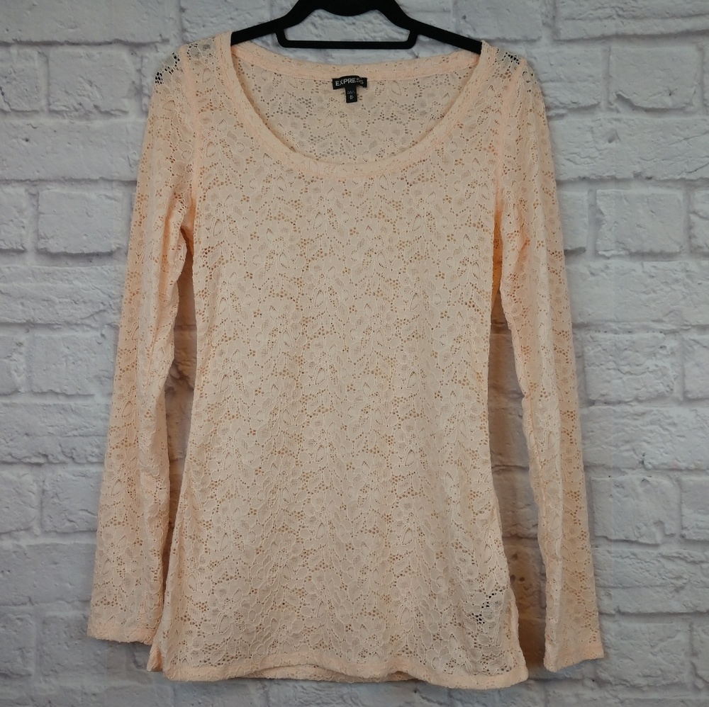 EXPRESS Women's Peach Lace Long-Sleeve Top